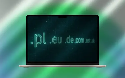 Laptop z wyświetlonymi domenami internetowymi: .pl, .eu, .de, .com, .net, .uk.