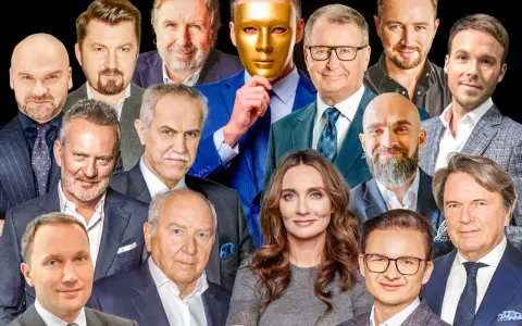 Portret zbiorowy znanych twarzy, wśród nich najbogatsi aktorzy w Polsce. Złota maska skrywa jedną z postaci.