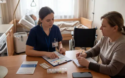 Pielęgniarka paliatywna omawia z pacjentką wyniki badań. W tle łóżko szpitalne i wózek inwalidzki.