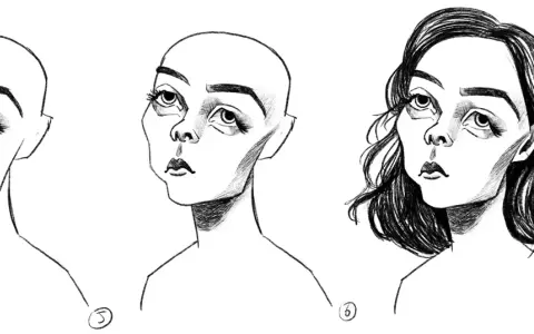Caricature exemple : trois étapes d'un dessin au trait d'un visage féminin aux grands yeux, d'abord chauve puis avec des cheveux ondulés.