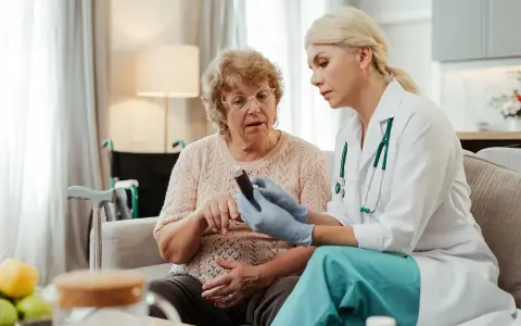 Pielęgniarka długoterminowa pokazuje starszej kobiecie lek. W tle wózek inwalidzki i laska.