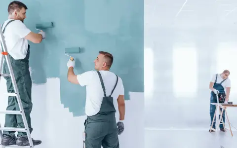 Malowanie ścian na miętowo. Dwóch fachowców na drabinie i stojącego maluje, trzeci pracuje przy stole. Sprawdź, ile za metr malowania ścian!