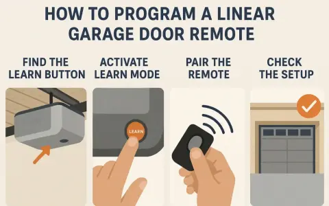 Illustration showing steps to program a garage door opener: finding the learn button, activating learn mode, pairing the remote, and checking the setup.