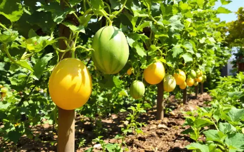 Des melons jaunes et verts pendent des vignes dans un jardin ensoleillé, un délice qui peut être considéré comme un melon fruit ou légume.