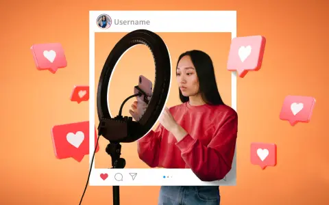 Joven creando contenido para publicidad con influencers, rodeada de notificaciones de "me gusta".