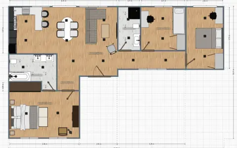 Plano de distribución de una casa con cocina, salón, baño, y tres habitaciones. Ideal para aprender como hacer un plano de mi casa.
