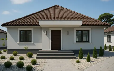 Jasnoszara elewacja idealnie komponuje się z brązowym dachem, tworząc harmonijną całość. Dom z brązowymi oknami i drzwiami prezentuje się elegancko.