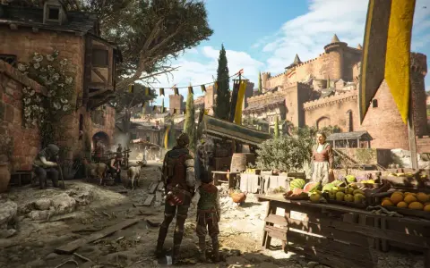 Scena z A Plague Tale: Requiem. Dwoje bohaterów obserwuje tętniący życiem targ przed zamkiem. Gra ma 17 rozdziałów.