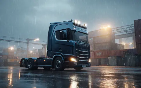 Ciemny Scania gotowy do prywatnych zleceń transportowych, stojący na mokrym placu w deszczu, wśród kontenerów.