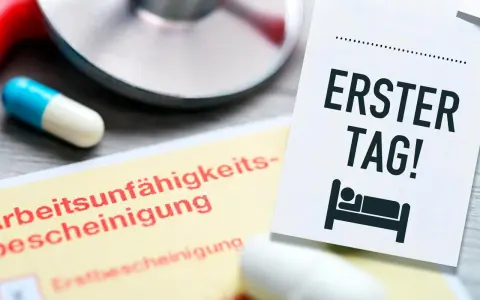Arbeitsunfähigkeitsbescheinigung und eine Notiz "Erster Tag!" mit einem Bett-Symbol. Ein Stethoskop und Pillen deuten auf eine Krankschreibung hin, um gesund schreiben zu lassen.