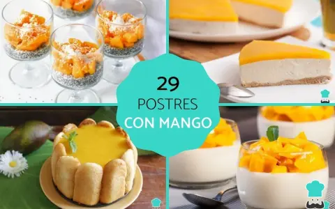 Collage de postres con mango: vasitos de chia, tarta, y postres individuales.