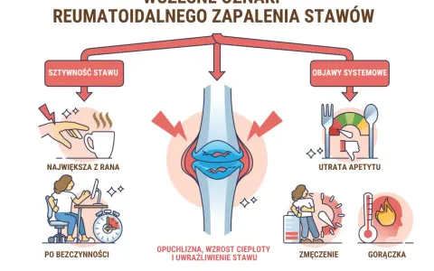 Wczesne oznaki RZS: sztywność stawu (największa z rana, po bezczynności), opuchlizna, utrata apetytu, zmęczenie, gorączka.