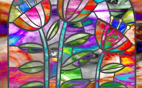 Un vitrail moderne dessin aux couleurs vives, représentant des fleurs stylisées aux formes organiques.