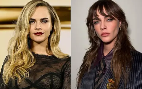 Cara Delevingne con cabello rubio y labios oscuros, y Cara Delevingne con cabello castaño y traje a rayas.