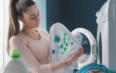 Mujer decepcionada revisa ropa blanca desteñida de azul, con manchas verdes, junto a una lavadora.
