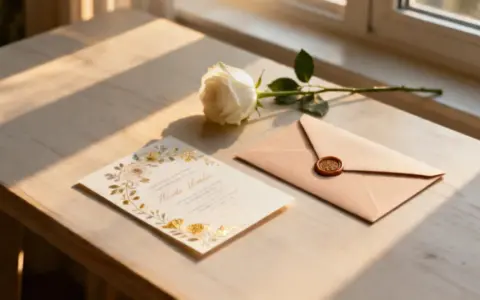 Eleganckie zaproszenie ślubne z różą i kopertą z pieczęcią. Czekam na Twoje rsvp!