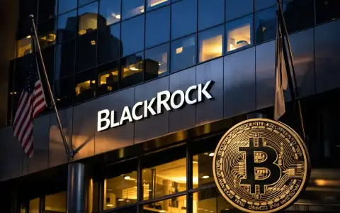 Budynek BlackRock z logo i monetą Bitcoin. Amerykańska flaga powiewa obok.