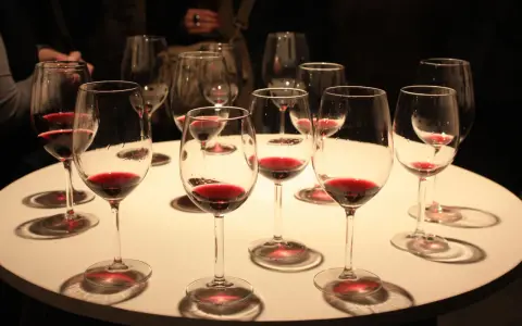 Copas de vino tinto listas para una degustación de vinos de Laguardia.