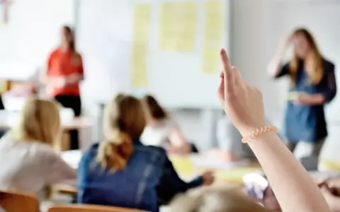 Schülerin hebt die Hand, um eine Frage zu stellen. Vielleicht fragt sie, mit welcher Note man eine 5 ausgleichen kann.