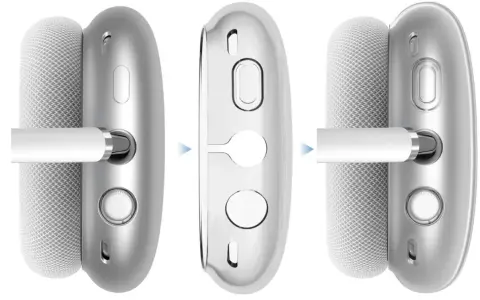 Przezroczyste etui na słuchawki AirPods Max, pokazujące, jak chroni przyciski i port.