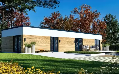 Nowoczesny dom modułowy 100m2 cena pod klucz, z drewnianą elewacją, tarasem i ogrodem.