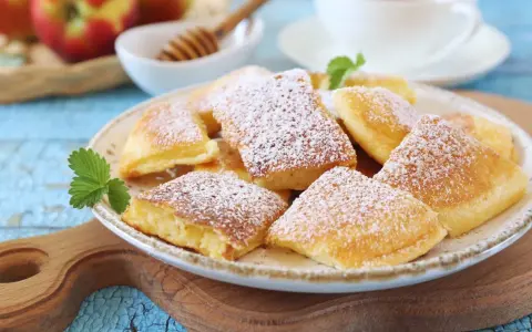 Puszysty omlet z jabłkiem, posypany cukrem pudrem, na talerzu z listkiem mięty. Obok jabłka i miód.