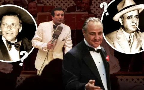 Frank Sinatra, Marlon Brando und ein Mann mit Hut, der an die Frank Sinatra Mafia-Ära erinnert.