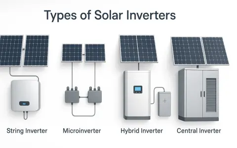Olika typer av solcellsinverterare: sträng-, mikro-, hybrid- och centralinverterare.