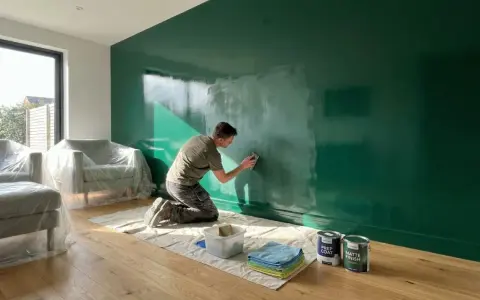 Hombre lijando pared verde brillante, preparándose para pintar sobre pintura satinada. Muebles cubiertos.