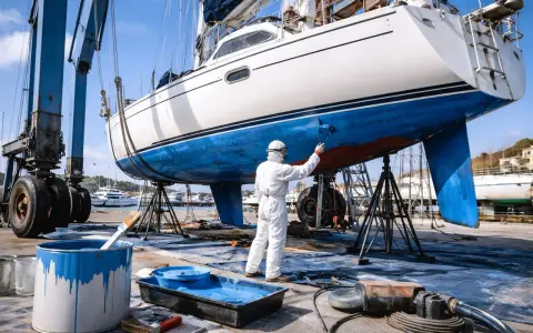 Peinture d'un bateau en cale sèche, un ouvrier en combinaison applique la peinture bleue. Le prix peinture bateau au m2 est calculé pour ce type de travail.
