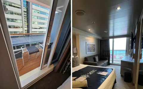 Interno di una crociera cabina con balcone. Vista sul balcone con tavolino e sedie, e la camera da letto con letto e divano.