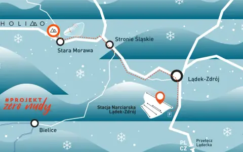 Mapa z zaznaczonymi miejscowościami: Lądek-Zdrój, Stronie Śląskie, Stara Morawa, Bielice i stacją narciarską.