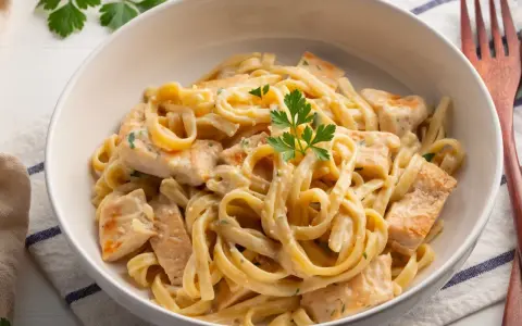 Pyszny kurczak w sosie alfredo z tagliatelle, udekorowany natką pietruszki. Idealny obiad dla całej rodziny.