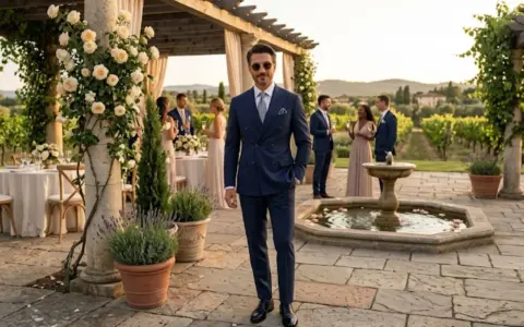 Sharp navy double-breasted suit, perfect for summer wedding suit ideas. Guests mingle by a fountain in a vineyard setting.