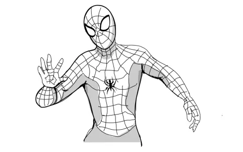 Szkic Spider-Mana w charakterystycznym stroju z pajęczyną i pająkiem na piersi. Bohater unosi dłoń w geście powitania lub ostrzeżenia.
