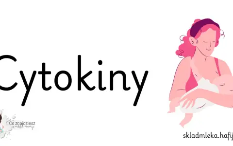 Ilustracja przedstawia słowo "Cytokiny" i kobietę karmiącą dziecko piersią.
