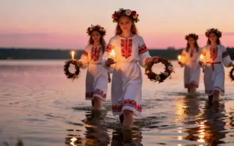 Dziewczęta wiankach i białych sukniach niosą wianki i świece, idąc przez wodę. To piękny widok, przypominający noc Kupały, inną nazwę sobótki.