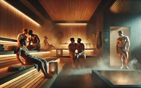 Men relax in a steamy gay sauna in Osaka. Warm lighting and wooden benches create a serene atmosphere.