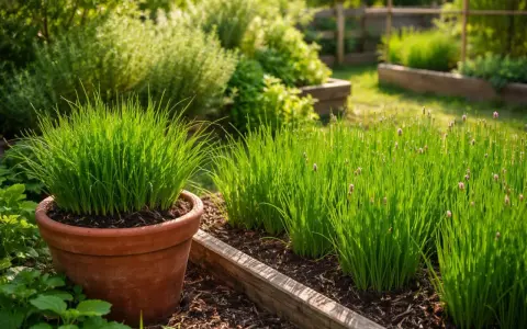 Ein sonniger **Schnittlauch Standort** im Garten. Ein großer Topf mit Schnittlauch steht links, daneben wachsen mehrere Beete mit dem grünen Kraut, einige mit zarten lila Blüten.