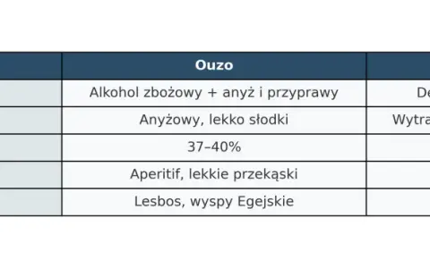 Tabela porównująca Ouzo i Tsipouro, dwa rodzaje greckiego alkoholu: skład, smak, moc i pochodzenie.