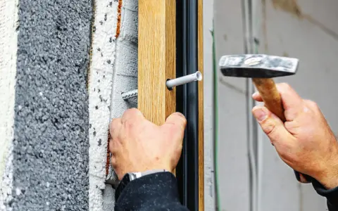 Montaż okna, wbijanie kołka rozporowego w drewnianą ramę. Właściwe kołki do karton-gipsu zapewnią stabilność.
