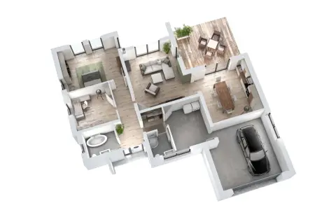 Architektur Grundriss einer modernen Wohnung mit Schlafzimmer, Wohnbereich, Küche, Bad und Garage.