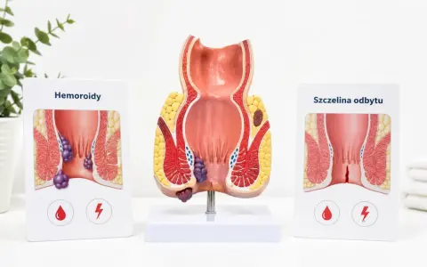 Model anatomiczny odbytu z zaznaczonymi hemoroidami. Choć obrazek dotyczy problemów dorosłych, warto pamiętać, że hemoroidy u dzieci również się zdarzają.