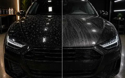 Porównanie: lewa strona maski czarnego Audi z perlistymi kroplami wody, prawa strona z wodą spływającą smugami. Efekt ochrony lakieru samochodowego.