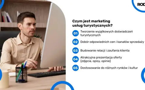 Mężczyzna pracuje przy komputerze, planując kampanię email marketingową dla branży turystycznej.