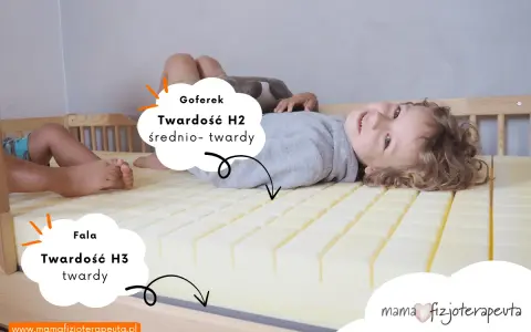 Jaki materac dla dziecka 10 lat? Na zdjęciu chłopiec leży na materacu z pianki, który ma dwie strefy twardości: H2 (średnio-twardy) i H3 (twardy).