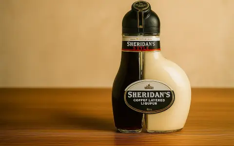 Dwukomorowa butelka Sheridan's, idealna do serwowania. Jak pić Sheridan's? Najpierw wlej biały likier, potem ciemny.