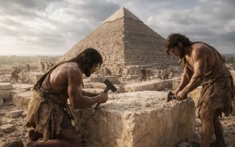 Hombres trabajando en la construcción de una pirámide, un momento clave en la civilización de Egipto.