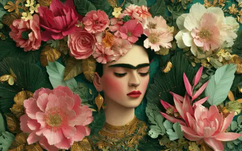 Frida Kahlo, umgeben von üppigen Blumen und Blättern, verkörpert ihren ikonischen, farbenfrohen Kleidungsstil.