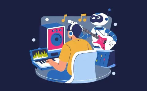 Człowiek w słuchawkach pracuje przy komputerze, a robot gra na gitarze. W tle nuty i sprzęt muzyczny. To idealne miejsce do wycinania wokalu.